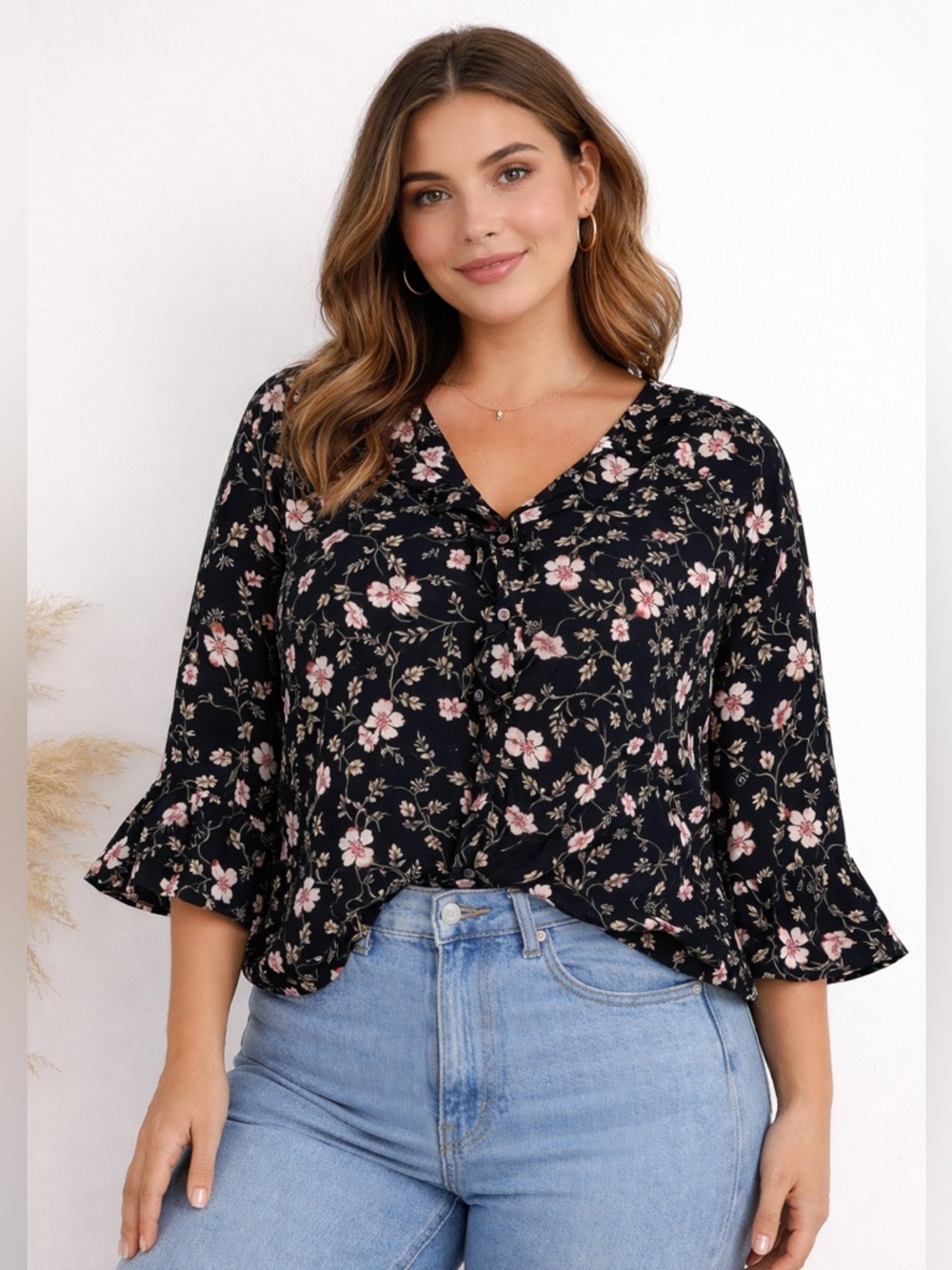 Floral Black Blouse Top Woman’s plus size 20W button down casual office wear